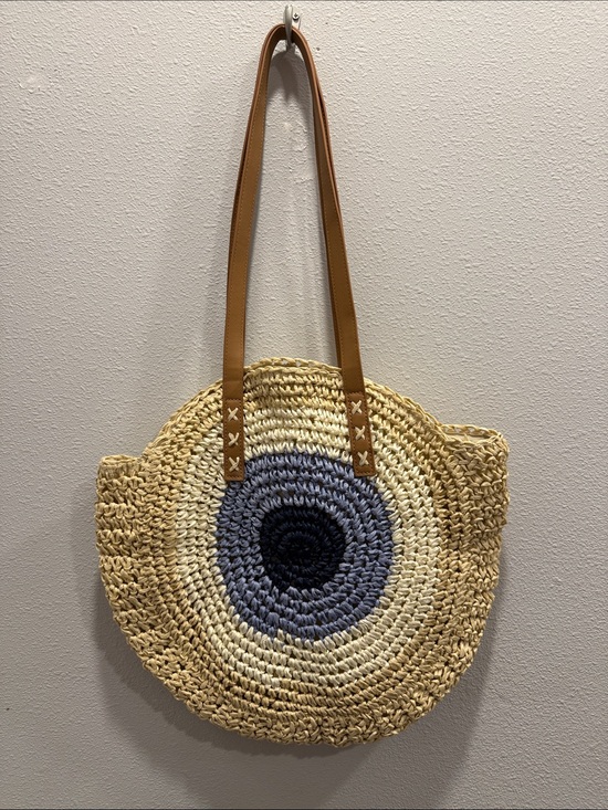 Source Unknown Handbags - 🧿 Evil Eye Round Straw Tote with Blue Center and Tan Straps